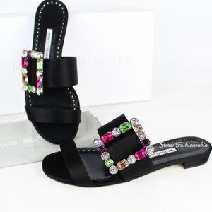 NEW Manolo Blahnik Verda Crystal Buckle Satin Slides Black EU 37.5